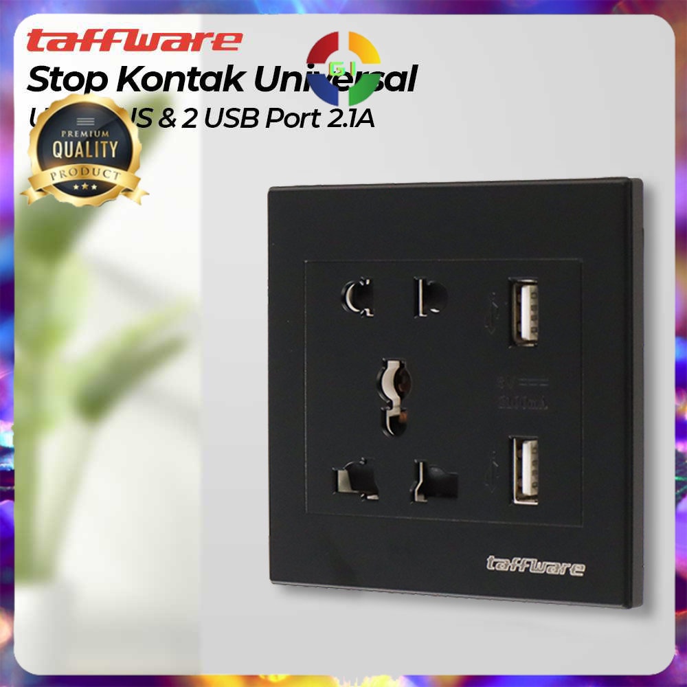 Stop Kontak Universal Wall Socket UK EU US &amp;amp; 2 Port USB 2.1A Black