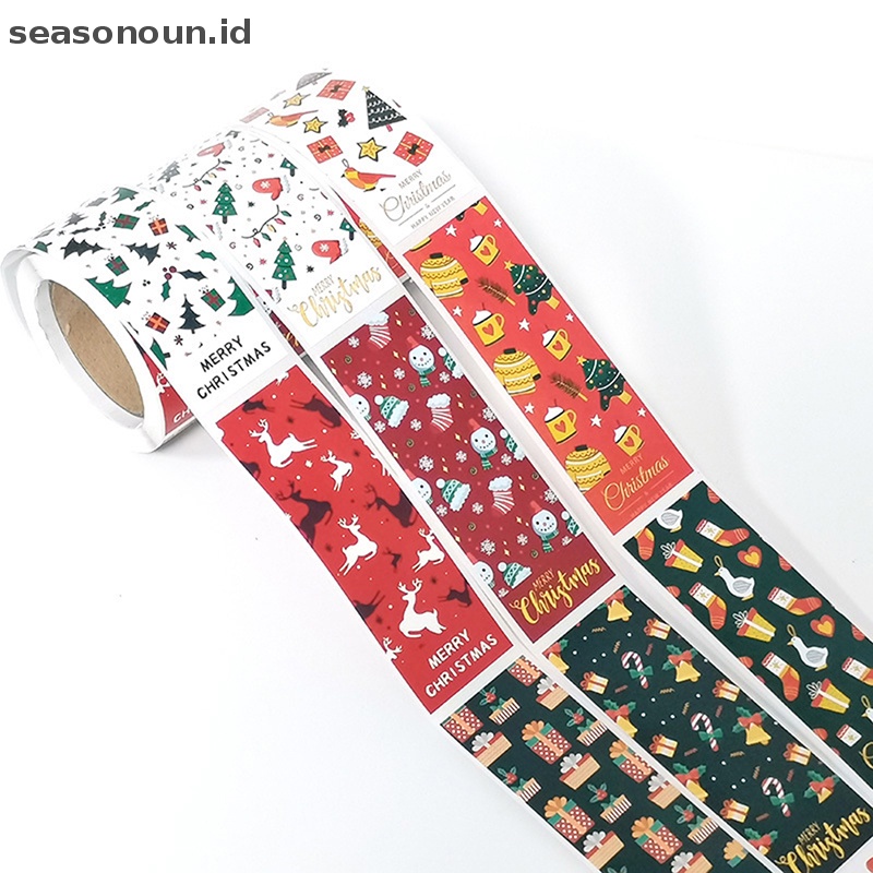 Seasonoun 100Pcs/roll Merry Christmas Stiker Dekorasi Label Alat Tulis Stiker Pola Persegi Paket Hadiah Penyegelan Stiker Perekat Diri Yang Dipersonalisasi Stiker Natal Untuk Dec