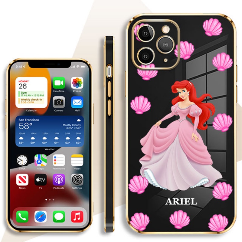 Mermaid Ariel for Oppo A9X A92019 F11 11PRO RENO RENO34G F15 A91 RENO44G RENO54G/5G RENO5K RENO64G RENO74G RENO84G F21PRO4G F21SPRO4G RENO7Z5G RENO8Z A9 Fairy Tale Cinderella Electroplate Shockproof Cases Square Edge Cover Scratch Resistant Casing