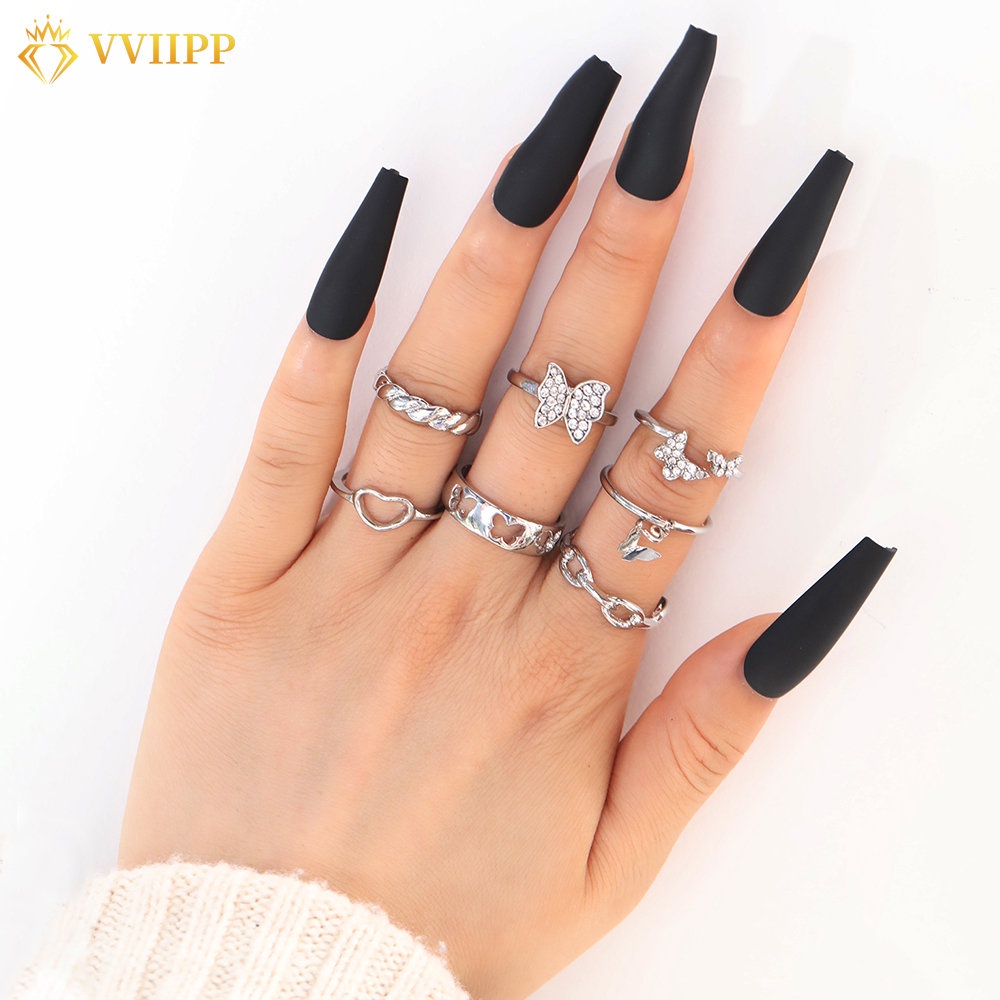 7pcs/set Cincin Berlian Untuk Wanita Berongga Zirkon Kupu-Kupu Hati Twist Rings Aksesoris Perhiasan