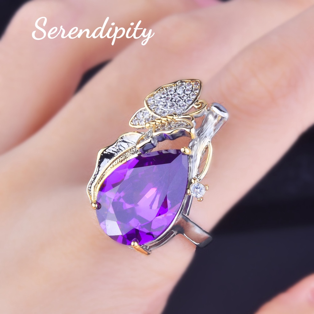 Goldkingdom Fashion Perhiasan Aksesoris Ready Stock Vintage Two-tone Emas Super Peri Bunga Kupu-Kupu Set Padparadscha Kalung Amethyst Stud Anting Cincin