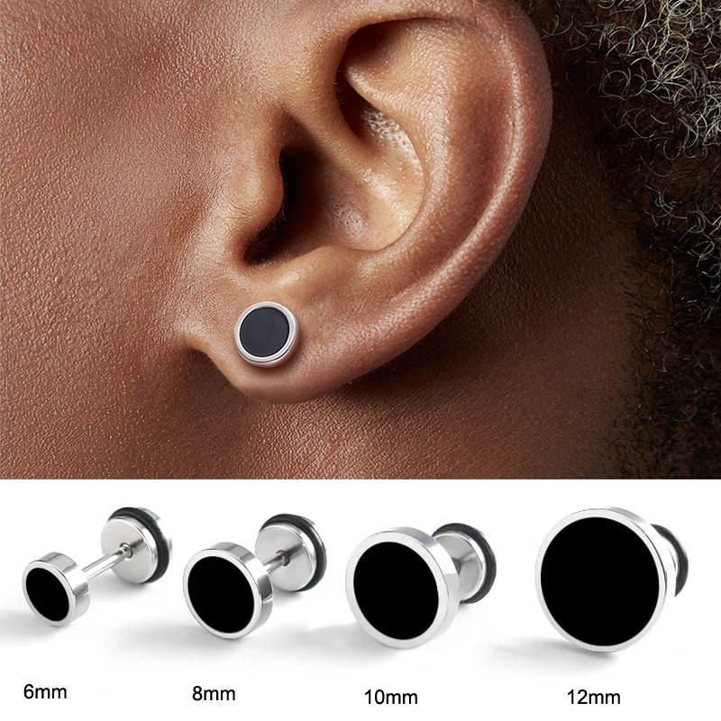 Korea Fashion Stainless Steel Punk Stud Earring Untuk Pria Baja Titanium Bulat Hitam Minyak Drip Earrings Perhiasan Hadiah