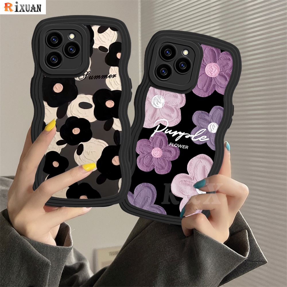 Redmi Note 12 Note 11 Note11S Redmi 10 10C 10A 9C 9A 9T Note 10 Note9 Note8 Poco M5S X3 NFC M3 Pro Redmi A1 A2 Wavy Edge Art Fresh Hitam Ungu Bunga Lukisan Minyak Soft Case RIXUAN