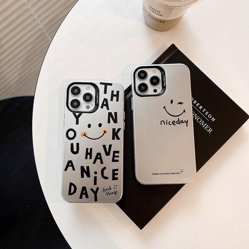 INS Simple Smile Soft Case HP iP iPhone 14 13 12 Pro Max 11 Matte Silver Woman Girl FTD Casing Apple