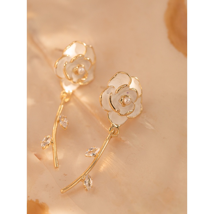 Anting Enamel Bunga Mutiara Putih Zirkon Perak925 Ear Studs Korea Aksesori Untuk Gadis Manis