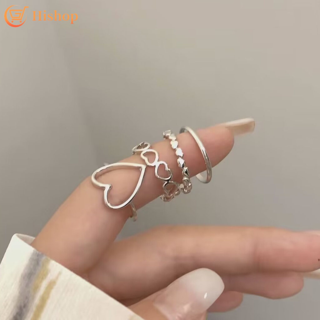 4pcs/set Cincin Silver Simple Set Cincin Hollow Hati Untuk Aksesoris Perhiasan Wanita