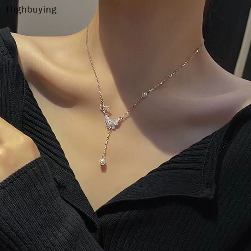 Hbid Fashion Baru Shiny Zircon Butterfly Necklace Untuk Wanita Pesona Mutiara Rumbai Romantis Rantai Klavikula Perhiasan Pernikahan Pribadi Glory