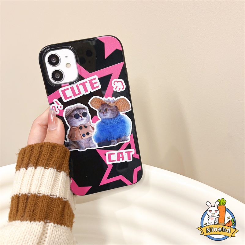 IPHONE Casing Kompatibel Untuk Iphone14 13 12 11 Pro Max X Xr Xs Max8 7 6 6s Plus SE 2020 Ins Label Keren Kucing Lucu Casing Ponsel Hitam Full Cover Shockproof Halus Glossy Lembut TPU Penutup Belakang