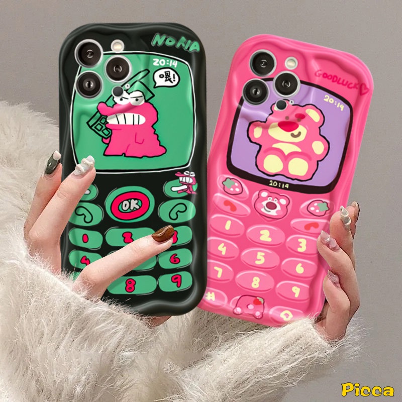 Untuk Redmi A1 A2 10 10C 10A 9A 9T 9 9C NFC Note 10s 11s 11 10 Pro Max Plus 10Pro POCO M3 Pasangan Crocodile Lucu Kartun Strawberry Bear 3D Wavy Curved Edge Creative Phone Button Case