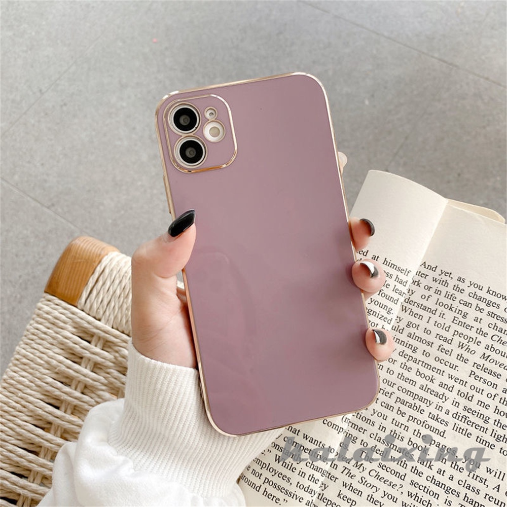 Soft Case Plating Mewah Untuk iPhone 14 Pro Max13 12 11 Pro Max 7plus8plus7 +8+Xs Max XR Square Border Dengan Golden Line