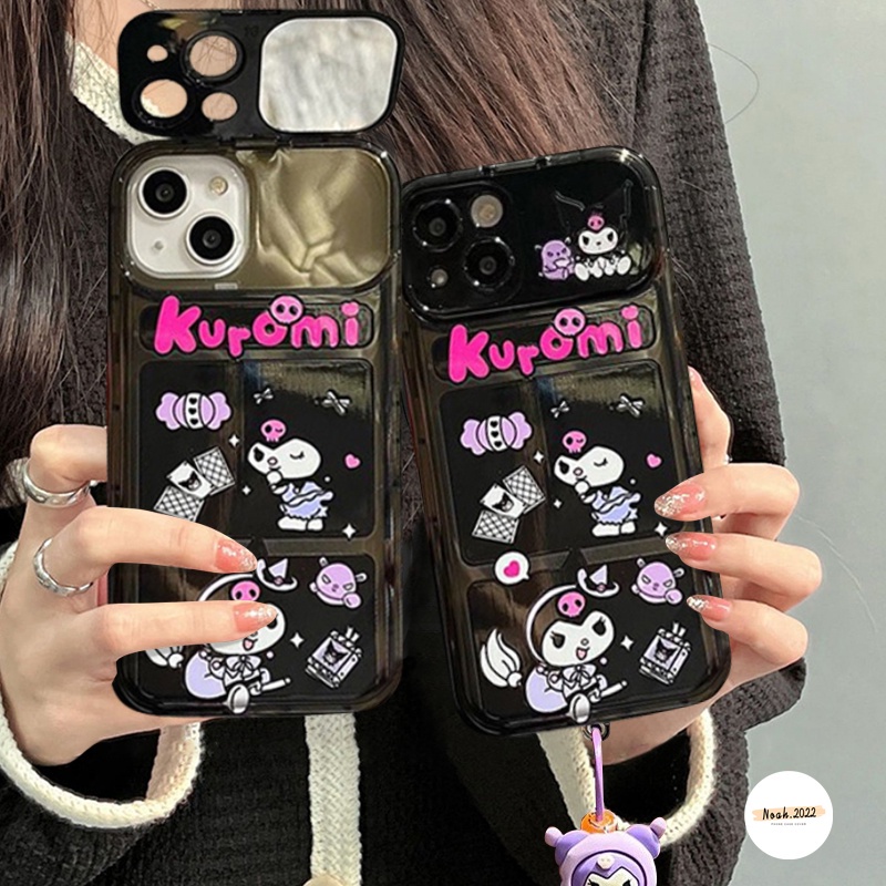 Kuromi Case Kartun Lucu Untuk OPPO A57 A15 A77 A5 A5s A77s A12 A7 A53 A9 A3s A31 A15s A33 2020 A12E A35 A11 A11K Kreatif Flip Make Up Cermin Lembut Penutup Belakang Dengan Gelang Boneka 3D