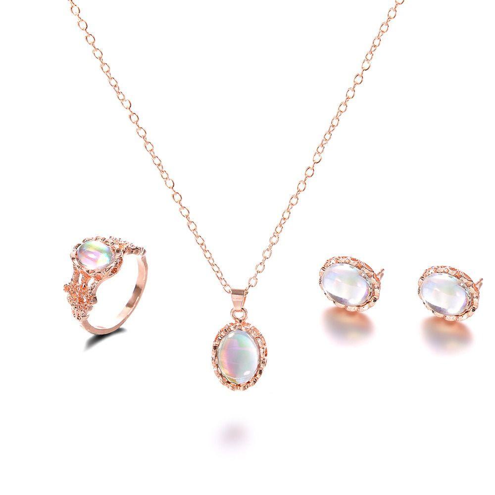 Mxbeauty Opal Set Perhiasan Pernikahan Mewah Jewelry Aksesoris Cheongsam Kepribadian Rantai Leher Wanita Kalung Cincin Set