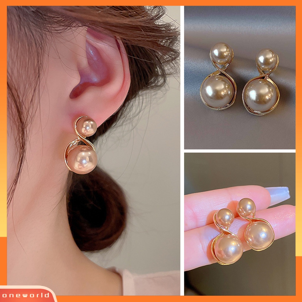 [ONE] 1pasang Chic Anting Warna Champagne Geometris Mutiara Imitasi Ear Studs Permukaan Glossy Proses Elektroplating Perhiasan Hadiah