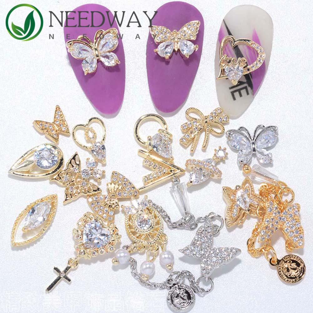 Needway   Butterfly Nail Rhinestones Mewah Shiny Butterfly Manicure Tools Logam Zirkon Kristal Liontin Rantai