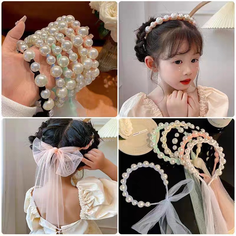 Bando Anak Mutiara Pita Tulle Panjang Bisa diikat Gaya Korea Bando Anak Import Alibaba1688