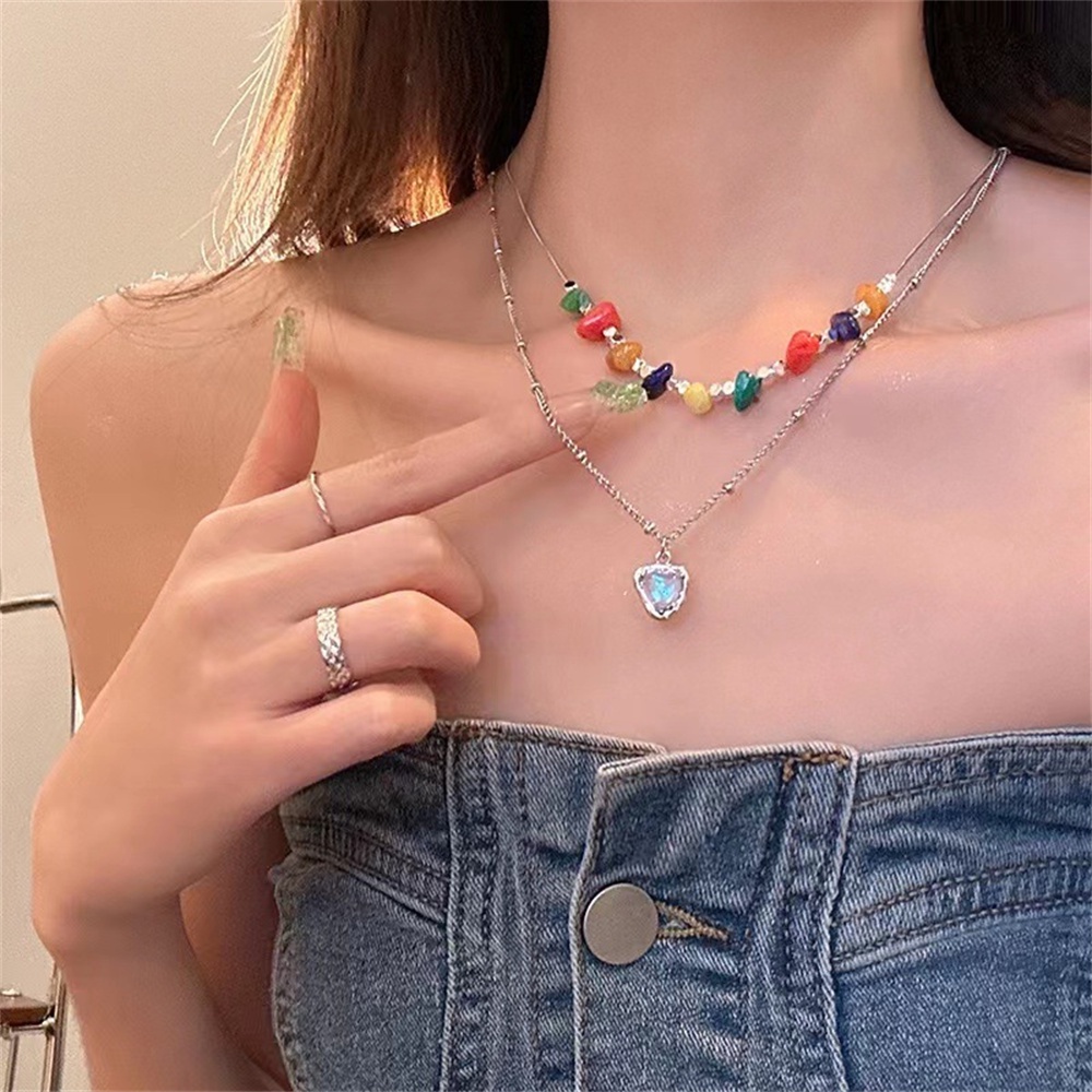 Indah Hati Liontin Double Layer Manik-Manik Warna-Warni Kalung Wanita Gadis Manis Keren Kerah Rantai Perhiasan