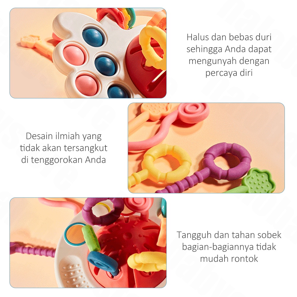 Halo Baby Teether Gigitan Bayi Bentuk Gurita/Multifungsi Pop It Teether Bayi/Tarik Panjang Mainan Gigitan/Mainan Edukasi Bayi