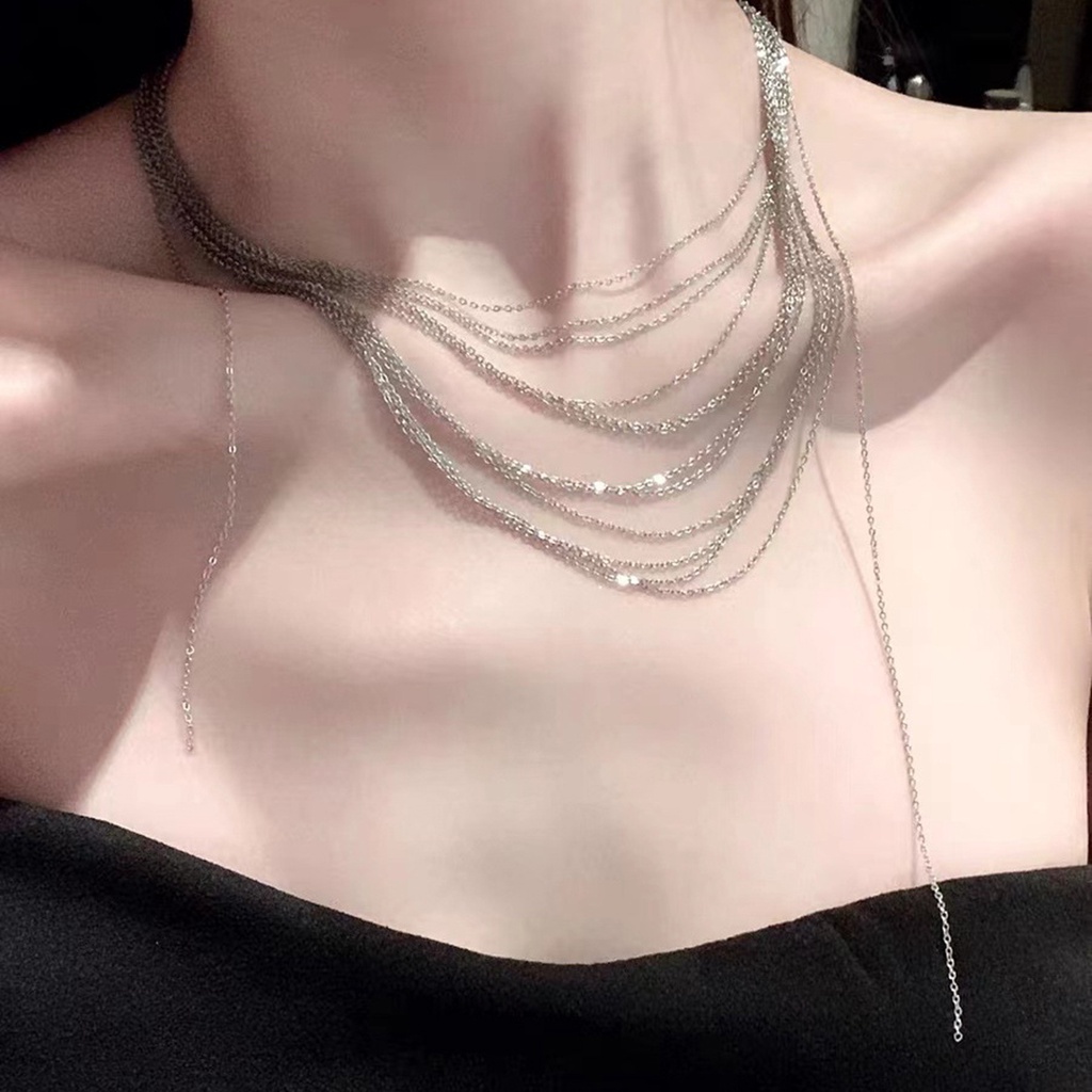 Wanita Elegan Berlapis Choker Baja Titanium Kalung Anti Karat Rantai Klavikula Perhiasan Pesta Pernikahan