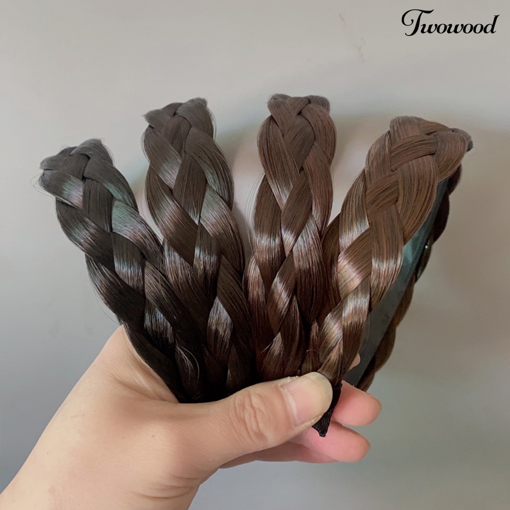 Twowood Braided Wig Headband Bertepi Lebar Dekorasi Rambut Empat Helai Twist Kepang Cuci Muka Aksesoris Rambut