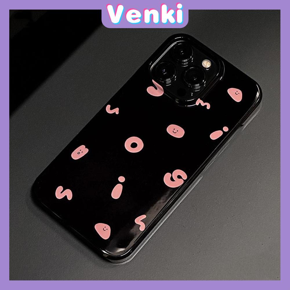 VENKI - Untuk iPhone 14 Pro Max iPhone Case Grip Berdiri Tersenyum Dudukan Lipat Hitam Glossy TPU Soft Case Huruf Merah Muda Kompatibel dengan iPhone 13 Pro max 12 Pro Max 11 xr xs max 7 8Plus