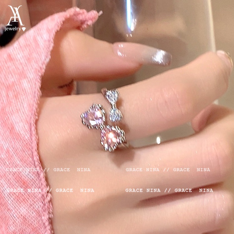 Ay(cn) Cincin Zircon Pink Kristal Busur Hati Butterfly Rings Untuk Aksesoris Perhiasan Wanita