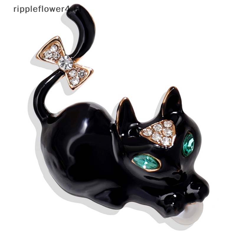 {rippleflower4.id} Temperamen Bertatahkan Berlian Hitam Putih Kucing Bros Retro Korsase Dekoratif Jas Pakaian Lencana Untuk Lady Jewelry Pins~