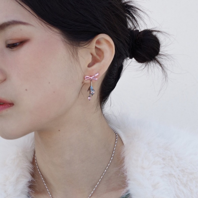 Wanita Korea Hitam Kucing Merah Muda Hati Drop Earrings/ Manis Y2K Berlian Imitasi Busur Liontin Anting/ Aksesoris Perhiasan Anting Aesthetic