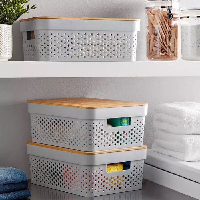 storage box organizer multifungsi putih dengan tutup kayu