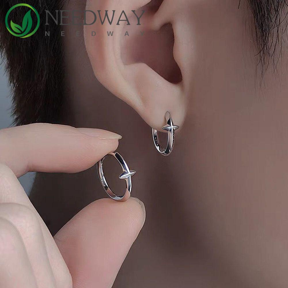 Needway   Anting Hoop Hadiah Kepribadian Perhiasan Star Punk Warna Perak Hip Hop Stud Earrings