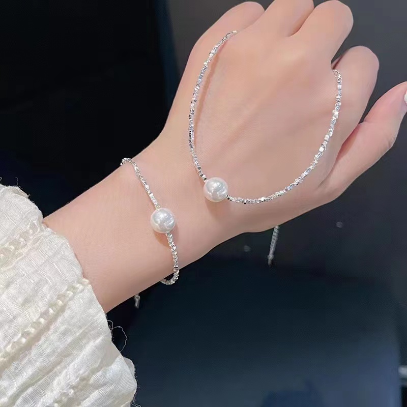 Papaozhu Korea S925 Perak Bersinar Paillette Kecil Mutiara Liontin Kalung Untuk Wanita Perempuan Halus Mungil Berkilauan Choker Kalung Trendi Tulang Selangka Rantai Perhiasan Hadiah