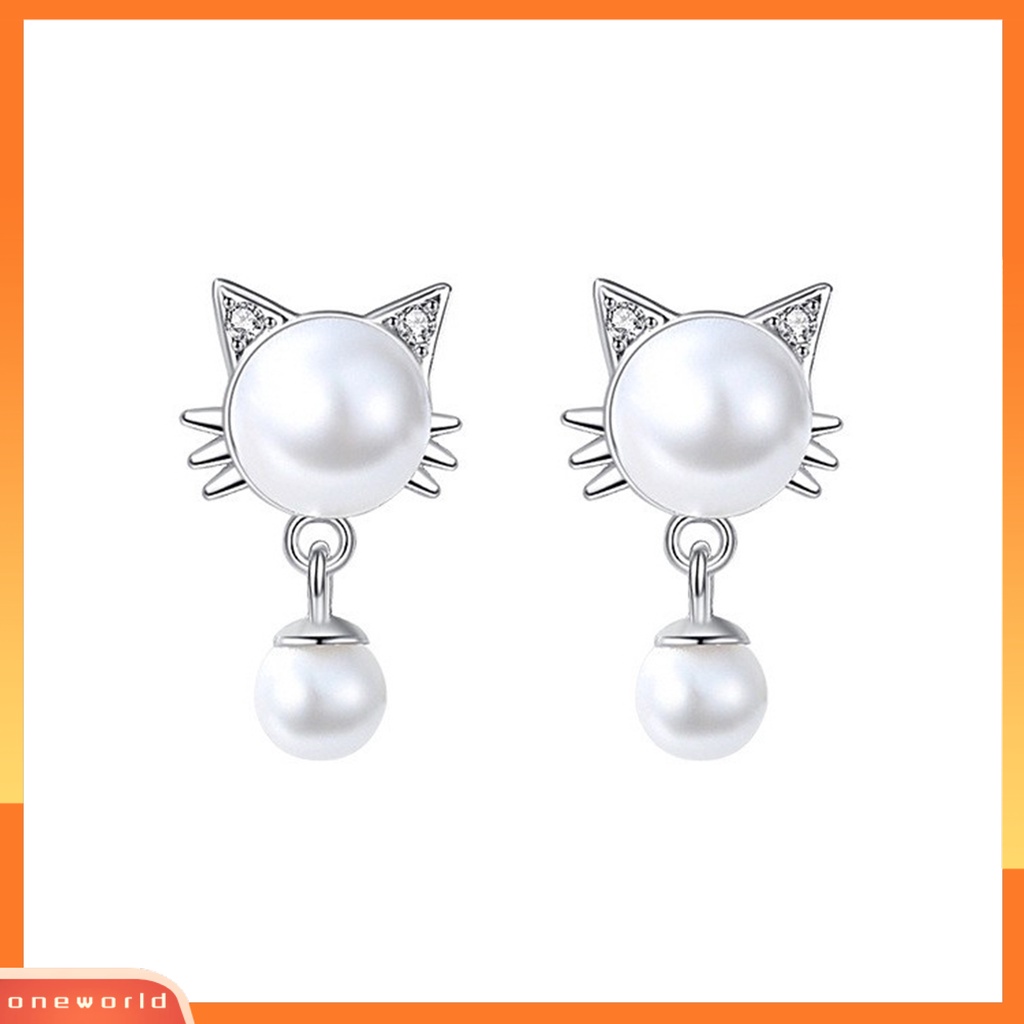 [WOD] 1pasang Anting Gantung Eye-catching Pengerjaan Halus Tahan Luntur Sentuhan Kulit Tahan Aus Dekorasi Manik Charms Anak Kucing Putih Menjuntai Anting Untuk Pacaran