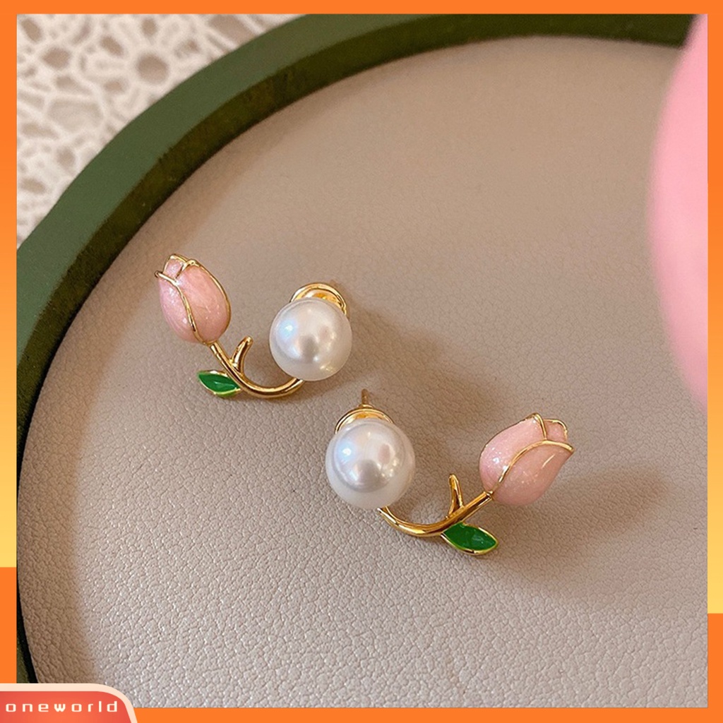 [WOD] 1pasang Anting Wanita Permukaan Halus Fashion Stainless Anti Karat Warna Kontras Hias Telinga Mutiara Imitasi Bunga Tulip Stud Earrings Aksesoris Wanita