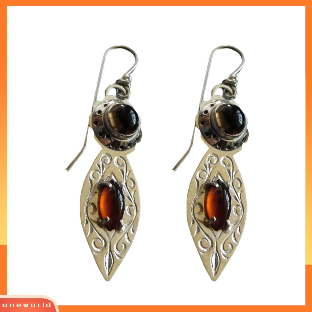 [WOD] 1pasang Anting Menjuntai Vintage Meruncing Tangan Pola Ukiran Electroplating All-match Dekorasi Hadiah Wanita Faux Garnet Pendant Earrings Perhiasan Fashion Untuk Pakaian Sehari-Hari