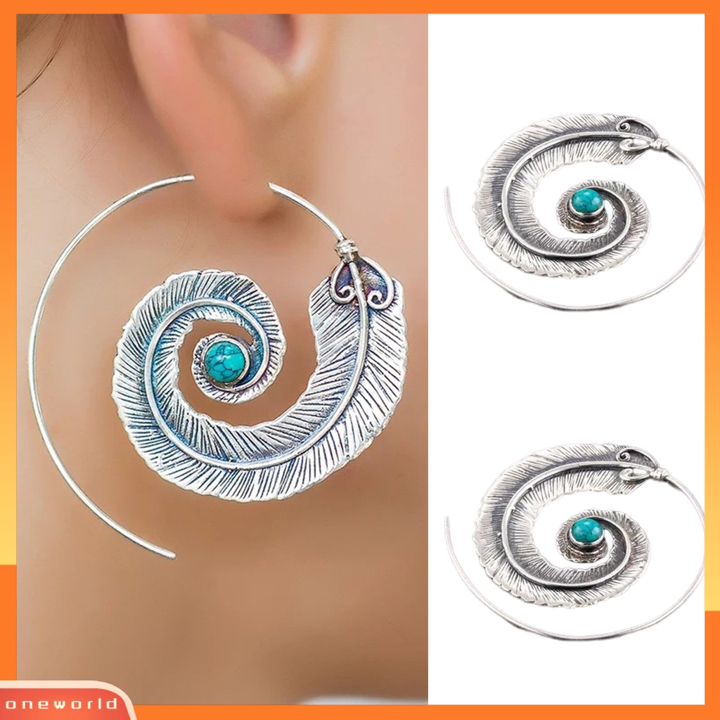 [WOD] 1pasang Anting Hoop Vintage Boho Faux Turquoise Geometris Bulat Dekorasi Ukir Wanita Spiral Bulu Menjuntai Anting Pesona Perhiasan Untuk Pakaian Sehari-Hari