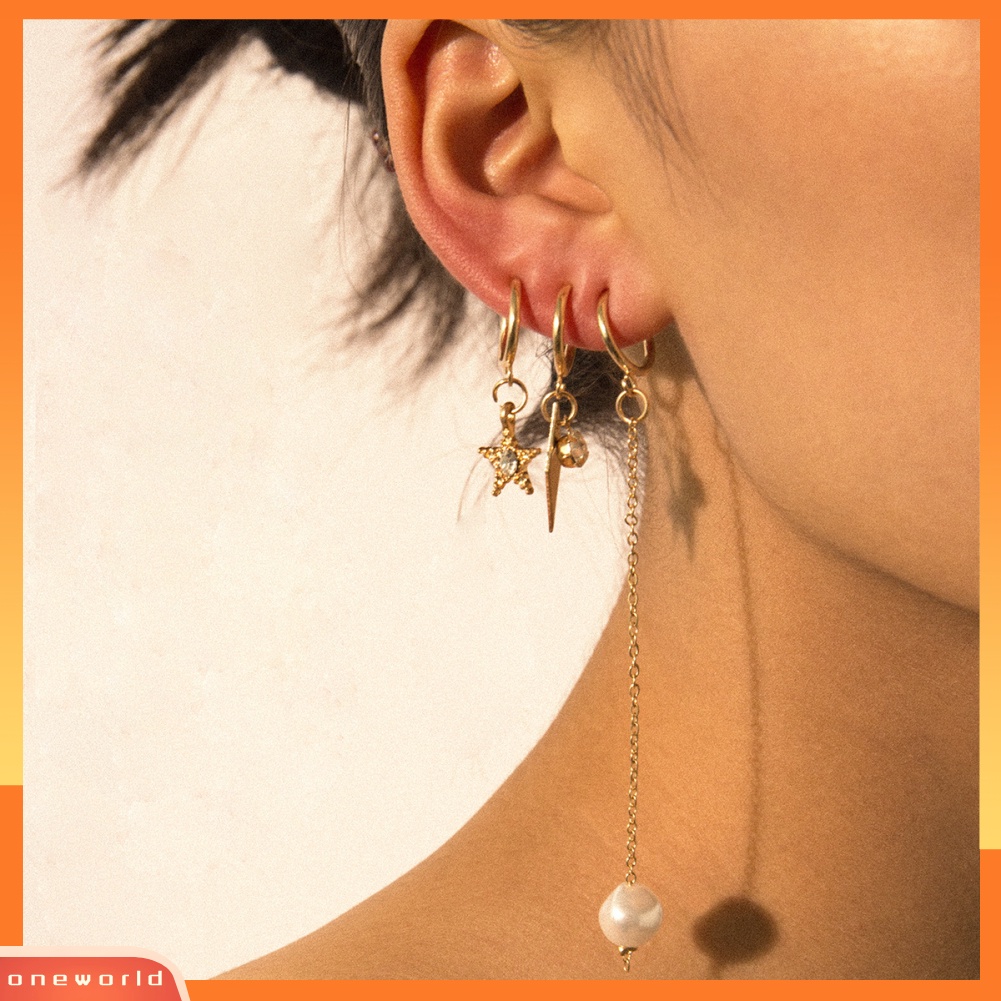 [WOD] 3 /4 Pcs Wanita Berlian Imitasi Bintang Geometri Menjuntai Telinga Studs Huggie Earrings Jewelry