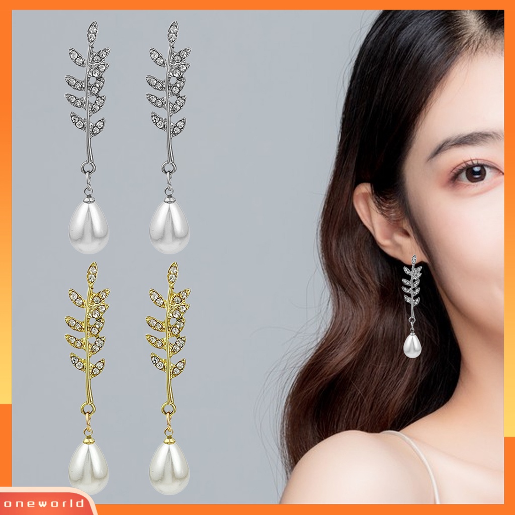 [WOD] 1pasang Anting Stud Temperamen Shiny Cubic Zirconia Tetesan Air Mutiara Imitasi Panjang Hias Hadiah Wanita Telinga Padi Liontin Drop Earrings Perhiasan Untuk Pacaran