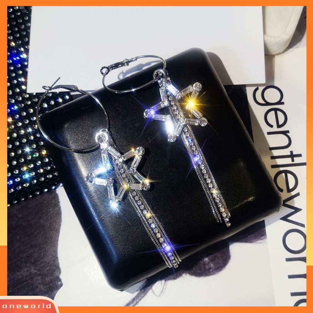 [WOD] Wanita Berlian Imitasi Berongga Bintang Panjang Rumbai Menjuntai Hoop Earrings Statement Jewelry