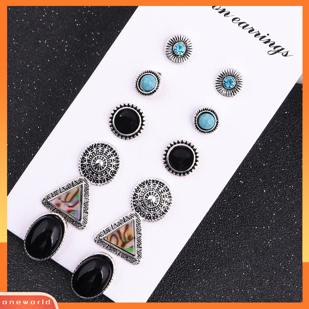 [WOD] 6pasang Set Anting Vintage Bohemian Geometris Berlian Imitasi Turquoise Untuk Wanita