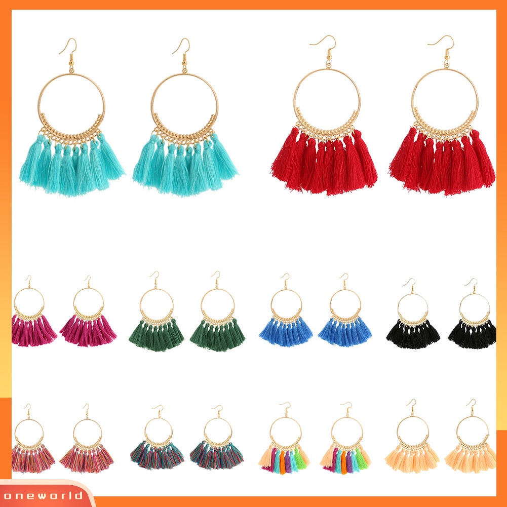 [WOD] Wanita Vintage Boho Besar Hoop Panjang Rumbai Fringe Menjuntai Kait Anting Perhiasan