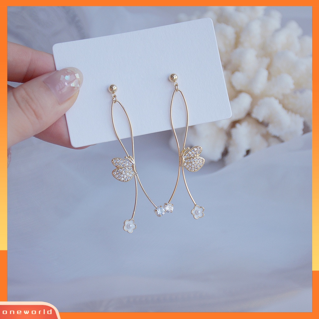 [WOD] 1pasang Wanita Anting Cubic Zirconia Indah Imitasi Mutiara Salib Kupu-Kupu Bentuk Linear Earrings Perhiasan Pernikahan