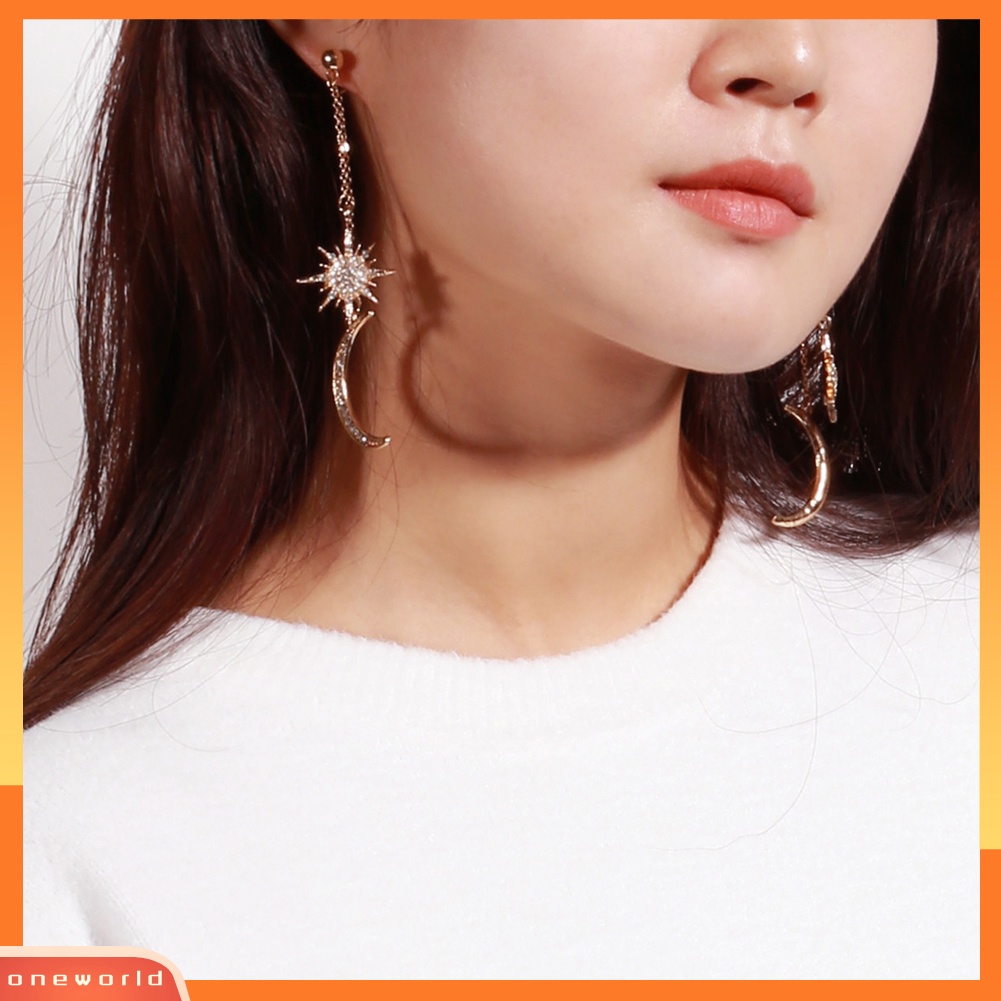 [WOD] Fashion Berlian Imitasi Bintang Bulan Sabit Menjuntai Panjang Drop Anting-Anting Wanita Perhiasan