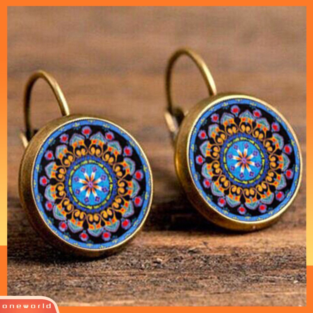 [WOD] Multicolor Mandala Bunga Lingkaran Permata Imitasi Ear Studs Wanita Leaverback Earrings
