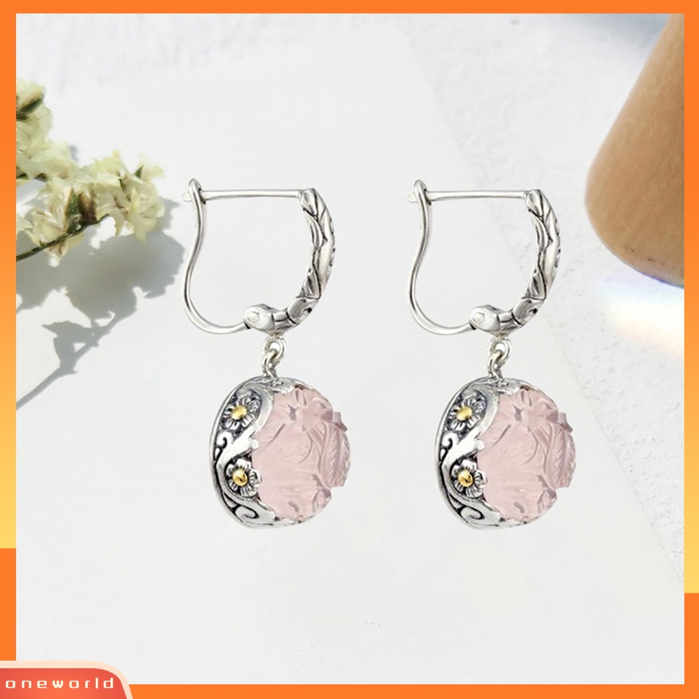 [WOD] Wanita Bunga Faux Moonstone Ear Drop Leaverback Anting Perjamuan Perhiasan Hadiah