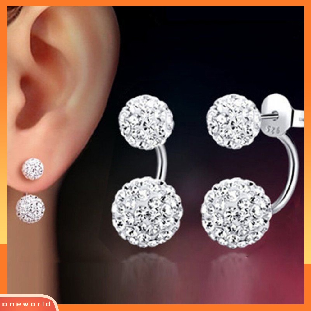 [WOD] 1pasang Perhiasan Wanita U-shape Double Beaded Rhinestone Ball Stud Earrings