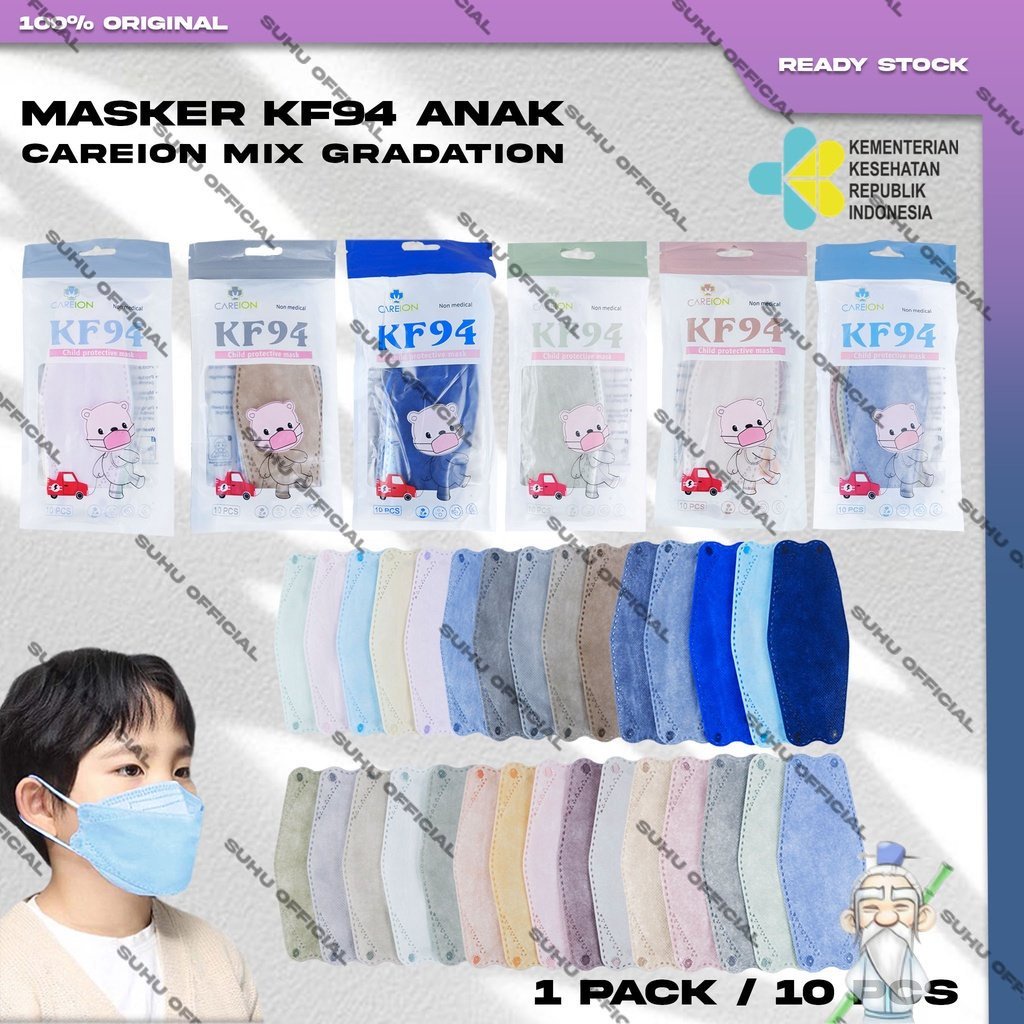 Masker Anak KF94 CAREION 4Ply isi 10Pcs Putih Hitam Abu Warna Motif Korea Earloop Surgical Mask Kemenkes