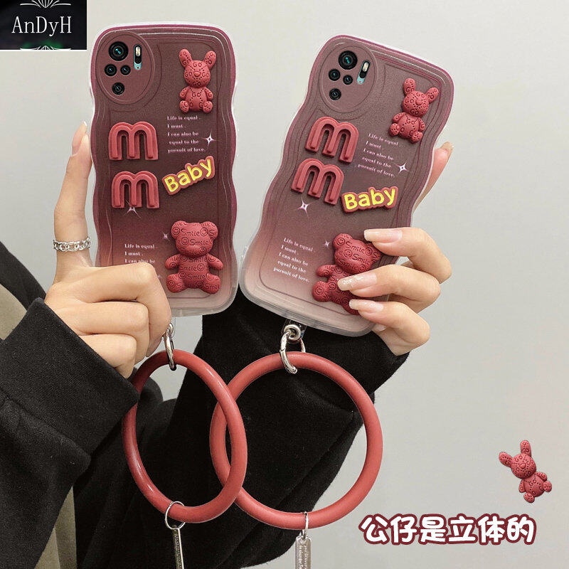 Andyh Xiaomi Redmi Note10 Pro Max 10S 4G Case 3D Cute Bear+ Gelang Warna Solid Fashion Premium Gradient Soft Phone Case Silikon Shockproof Casing Pelindung Penutup Belakang