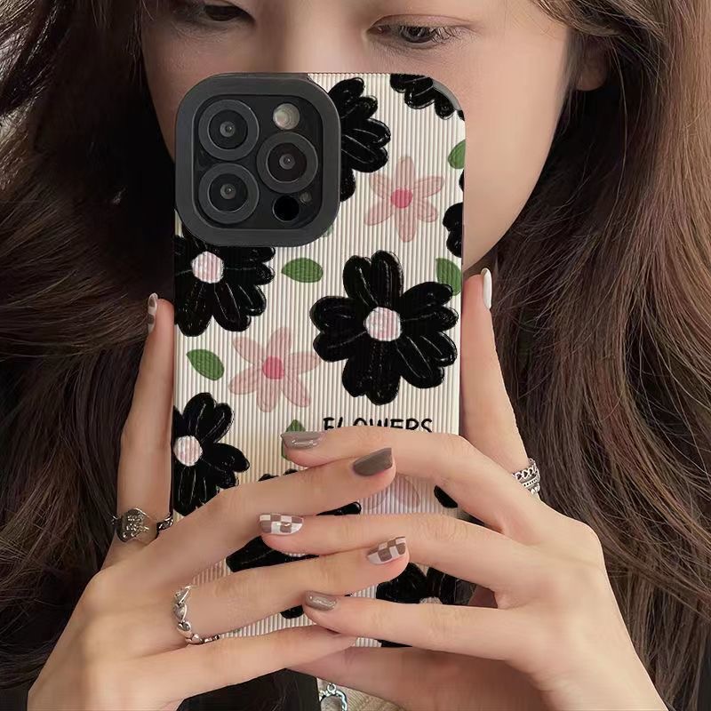 All New Pretty Black Pink Flower Soft Case IPhone 7 Plus 8 Plus X XS XR XS Max 11 13 12 14 PRO Max 14 Plus SE Phone Case Girl Girl Women' Fashion Sunflower