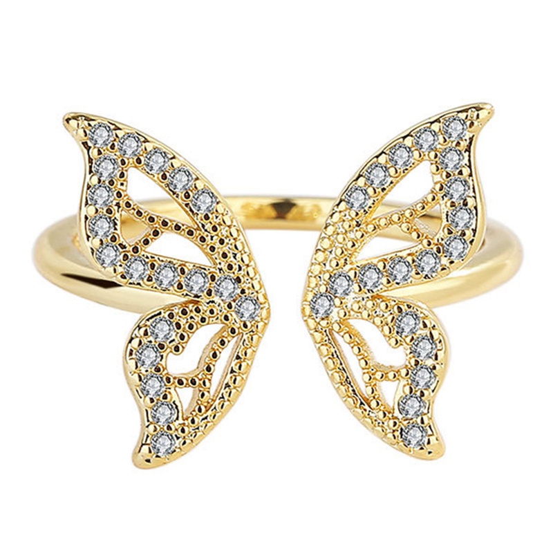Korea Emas Berongga Kupu-Kupu Kubik Zirkon Tembaga Cincin Untuk Wanita Adjustable Terbuka Desain Pave Zirkon Butterfly Ring Pernikahan Perhiasan Hadiah