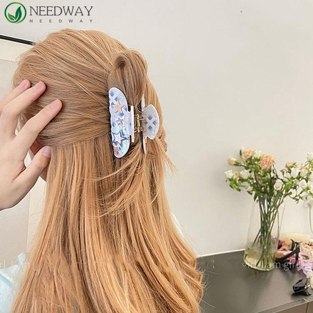 Needway Bintang Jepit Rambut Elegan Manis Gadis Y2K Hair Clip Bentuk Geometris Kotak-Kotak Berlian Imitasi Denim Aksesoris Rambut Perempuan