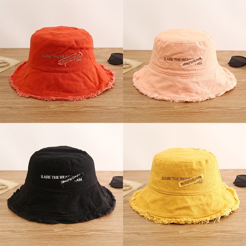 Topi Bucket Wanita Fisherman Huruf Patch Topi Nelayan Topi Korea Kanvas Topi Matahari